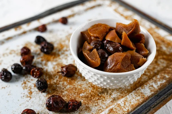 Sweet Soft Dried Apple Rose Hips Prepared Dessert Decorated Sprig — Stock Photo, Image