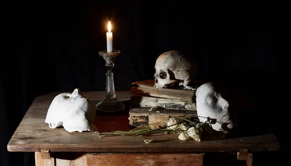 Klasik Barok hala hayat kafatası ve ölüm maskesi siyah bir arka plan üzerinde Vantias stilinde