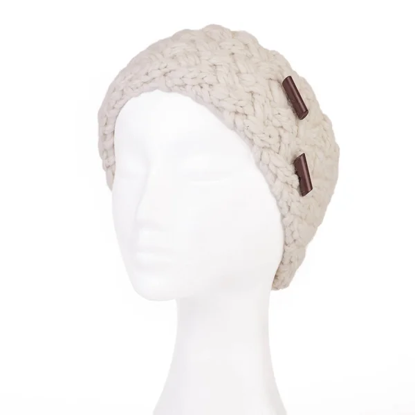 Modern Handmade Woollen Knitted Headband White Doll Head — Stock Photo, Image
