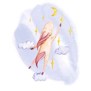 Sihirli şirin tek boynuzlu at bulutların üzerinde yürüme suluboya çizimi