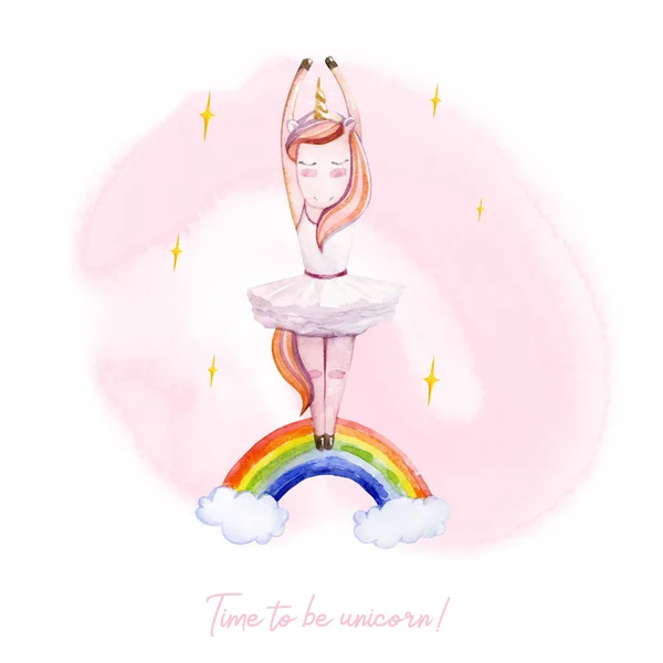 Watercolor illustration of magic cute unicorn dancing on a rainbow