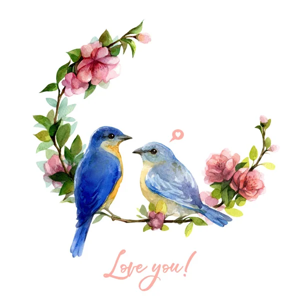 水彩春天例证与蓝色鸟和花花圈被隔绝在白色背景上 — 图库照片