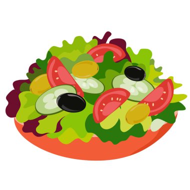 Salata, domates dilimleri, salatalık, zeytin ve marullu vektör illüstrasyon tabağı. Lezzetli bahar diyet yemeği