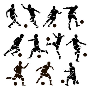Futbolcuların farklı pozlardaki vektör çizimleri. Beyaz izole arkaplanda düz bir şekilde çizimler, siyah.