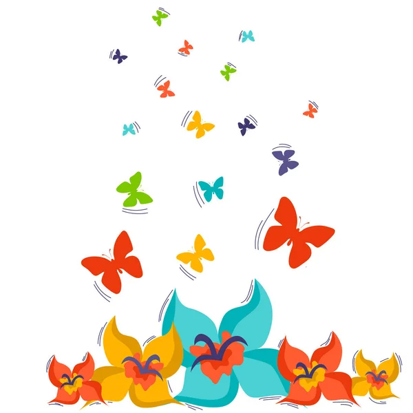 Satz Frühlingsvektorzeichnungen Von Schmetterlingen Blumen Auf Weißem Isoliertem Hintergrund Flachem — Stockvektor