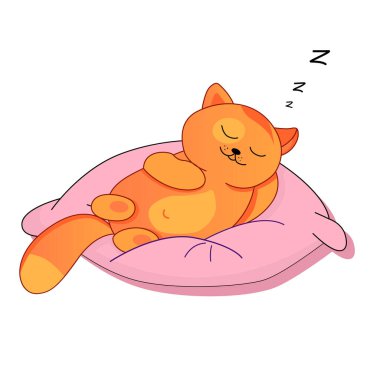 Beyaz izole edilmiş arka planda uyuyan bir kedi yavrusunun büyük bir yastık üzerindeki vektör çizimi. Yumuşak kuyruk, pençeler. Biçim düz, etiket, kumaş üzerine baskı.