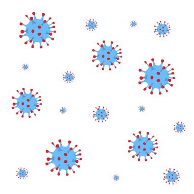 Vektör arkaplan çizimi, beyaz izole bir arkaplanda karikatür düz stili bir koronavirüs görüntüsü. Kusursuz vektör deseni, arkaplan.