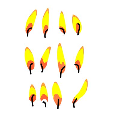 Beyaz izole bir zemin üzerinde yanan alevler çizen bir dizi vektör. Tatiller, mumlar, doğum günleri, kartlar, dekorasyonlar için..