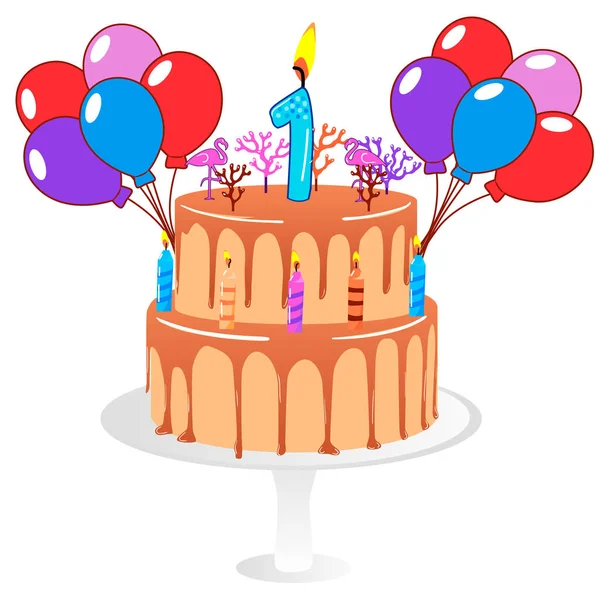 白い隔離された背景に1つの燃えるろうそくと皿の上のお祝いのケーキのベクトルフラット図面 風船の花束 誕生日 カード — ストックベクタ