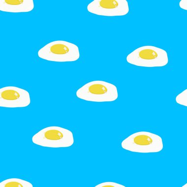 Vektör karalama desensiz sahanda yumurta, sahanda yumurta, domates, mavi arka planda yeşillikler, düz çizgi film..