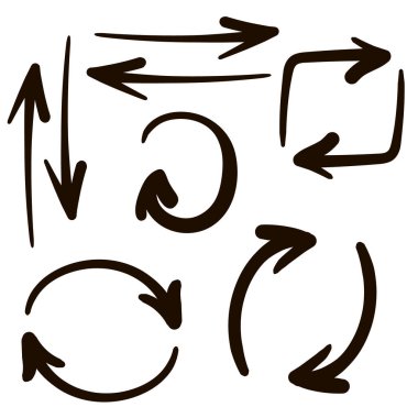El yapımı siyah okların vektör çizimleri, beyaz izole bir arkaplanda karalama sembolü siyah yönler koleksiyonu