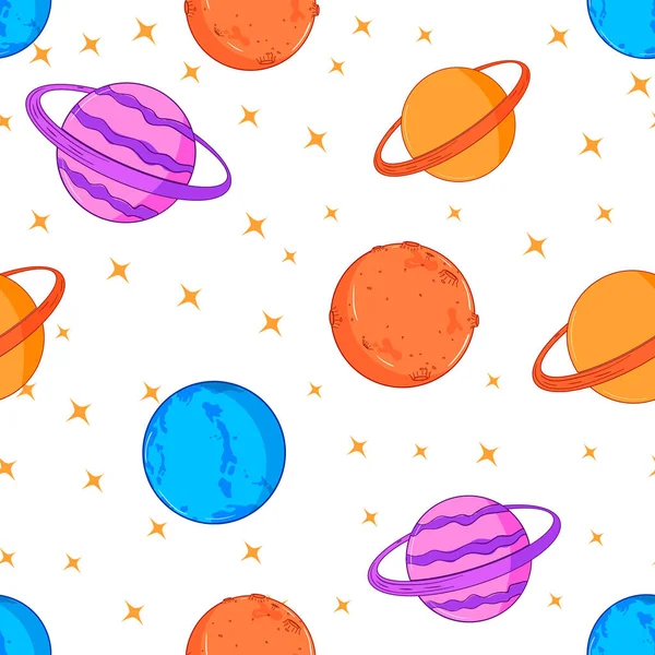 Seamless pattern with vector drawings of planets on a starry sky flat, cartoon on a white isolated background. Color pattern, bright, children`s background