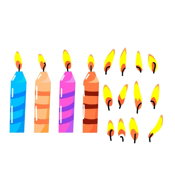 お祝いの燃焼キャンドルと白い隔離された背景に燃える炎のセットのベクトルフラット図面 誕生日 カード 装飾のために — ストックベクタ