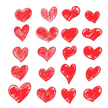 Beyaz izole edilmiş arka plan üzerinde el yapımı kalplerin vektör çizimleri. Romantik geçmiş, sembol, ambalaj, hediyeler, bayram, tebrik kartı, dekorasyon.