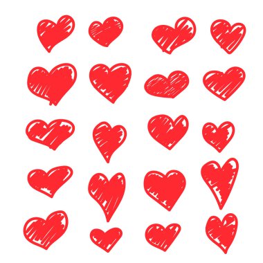 Beyaz izole edilmiş arka plan üzerinde el yapımı kalplerin vektör çizimleri. Romantik geçmiş, sembol, ambalaj, hediyeler, bayram, tebrik kartı, dekorasyon.