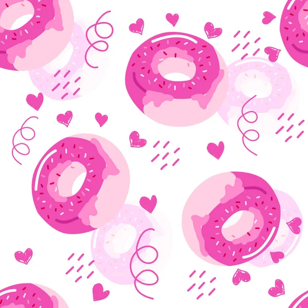 Nahtloses Muster Mit Donuts Vektorzeichnungen Auf Weißem Isoliertem Hintergrund Das — Stockvektor