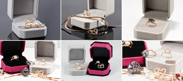 Jóias de ouro e prata na caixa de presente de veludo — Fotografia de Stock