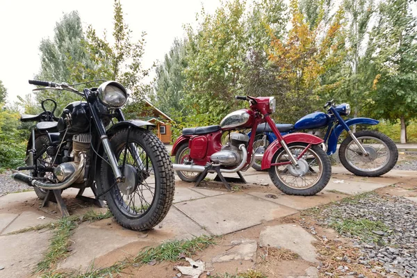 Exhibition of old vintage motorcycles made in the USSR under the — Stock Photo, Image