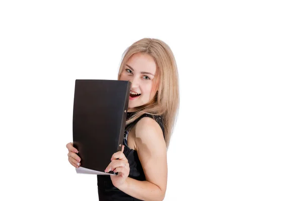 Smiling blond hair women covering her face folder — Stock Photo, Image