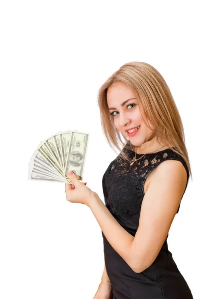 Beautiful young blonde in hand a fan of hundred-dollar bills and — Stock Photo, Image