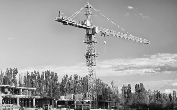 Construction Immeuble Monolithique Avec Une Grue Tour Photo Noir Blanc — Photo