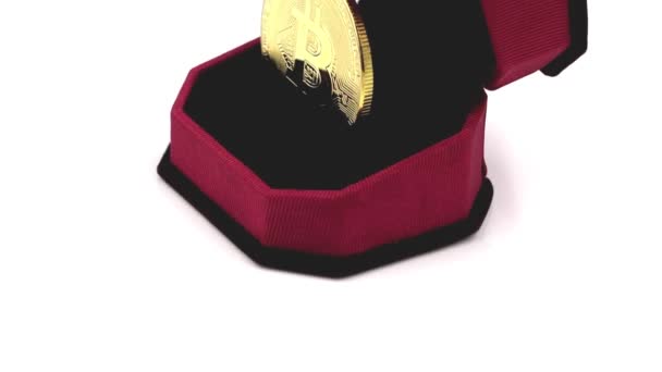 Bitcoin moneda de oro insertado en lugar de un anillo en una caja de regalo de terciopelo negro y rojo — Vídeos de Stock