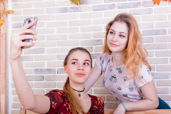 Két bájos fiatal lány vesz egy selfie telefon — Stock Fotó