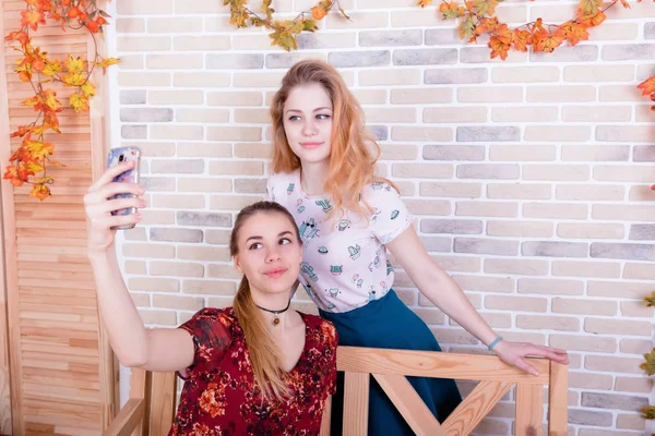 Twee charmante jonge meisjes nemen een selfie op telefoon — Stockfoto