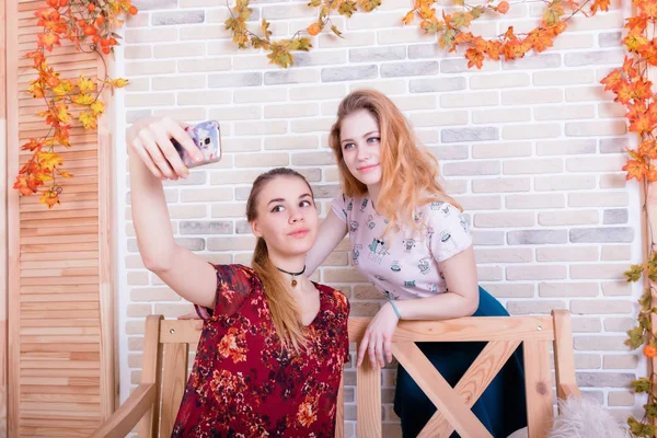 Duas jovens encantadoras tirar uma selfie no telefone — Fotografia de Stock