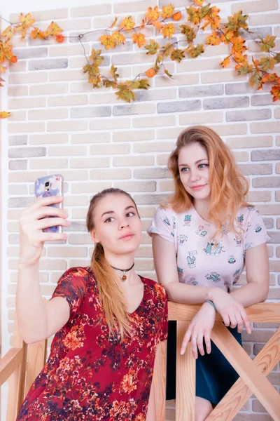 两个迷人的年轻女孩在电话自拍 — 图库照片