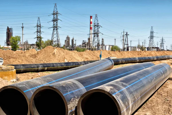 Installation works on replacement  steel pipelines with thick-wa — Stock Photo, Image