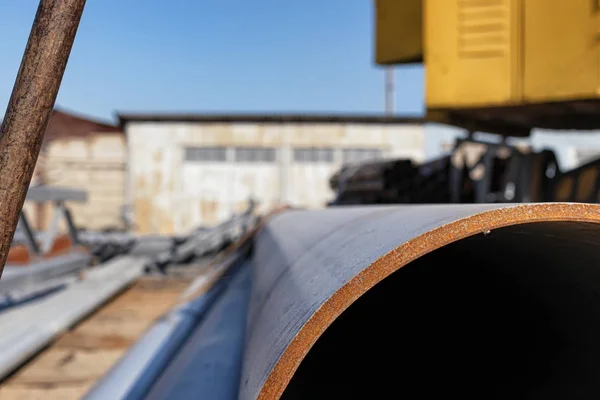 Steel pipe rolled products  in the warehouse of metal products