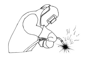 İş yerinde koruyucu maske takan bir kaynakçının siyah beyaz şematik çizimi.