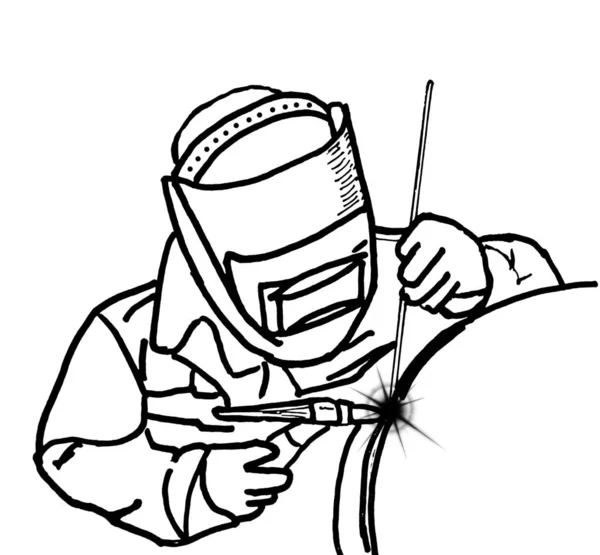 İş yerinde koruyucu maske takan bir kaynakçının siyah beyaz şematik çizimi.