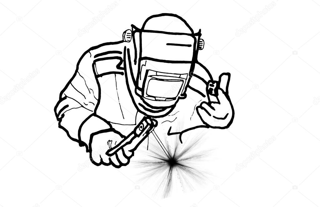 A black and white schematic drawing of a welder wearing a protective mask and clothing at work