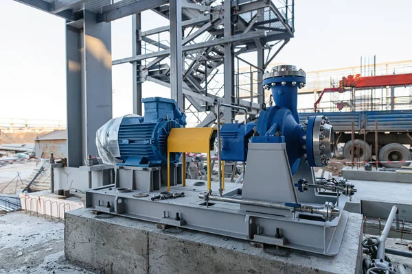 New Pumping Equipment Installed Concrete Foundations Yet Connected Pipelines — Stock Photo, Image