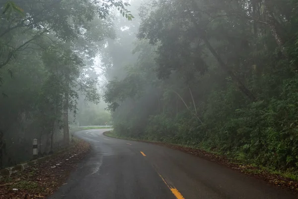 Nebbioso asfalto rurale prospettiva autostrada con linea bianca, nebbia r — Foto Stock