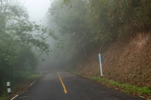 Niebla rural asfalto carretera perspectiva con línea blanca, niebla r — Foto de Stock