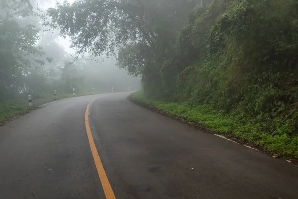 Nebbioso asfalto rurale prospettiva autostrada con linea bianca, nebbia r — Foto Stock