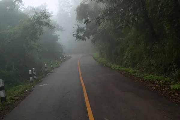 Nevoeiro perspectiva estrada asfalto rural com linha branca, névoa r — Fotografia de Stock