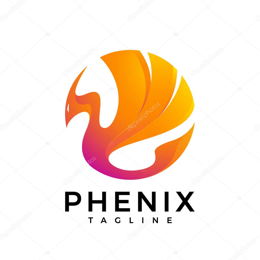The logo of a fire bird in bright fire colors. phoenix