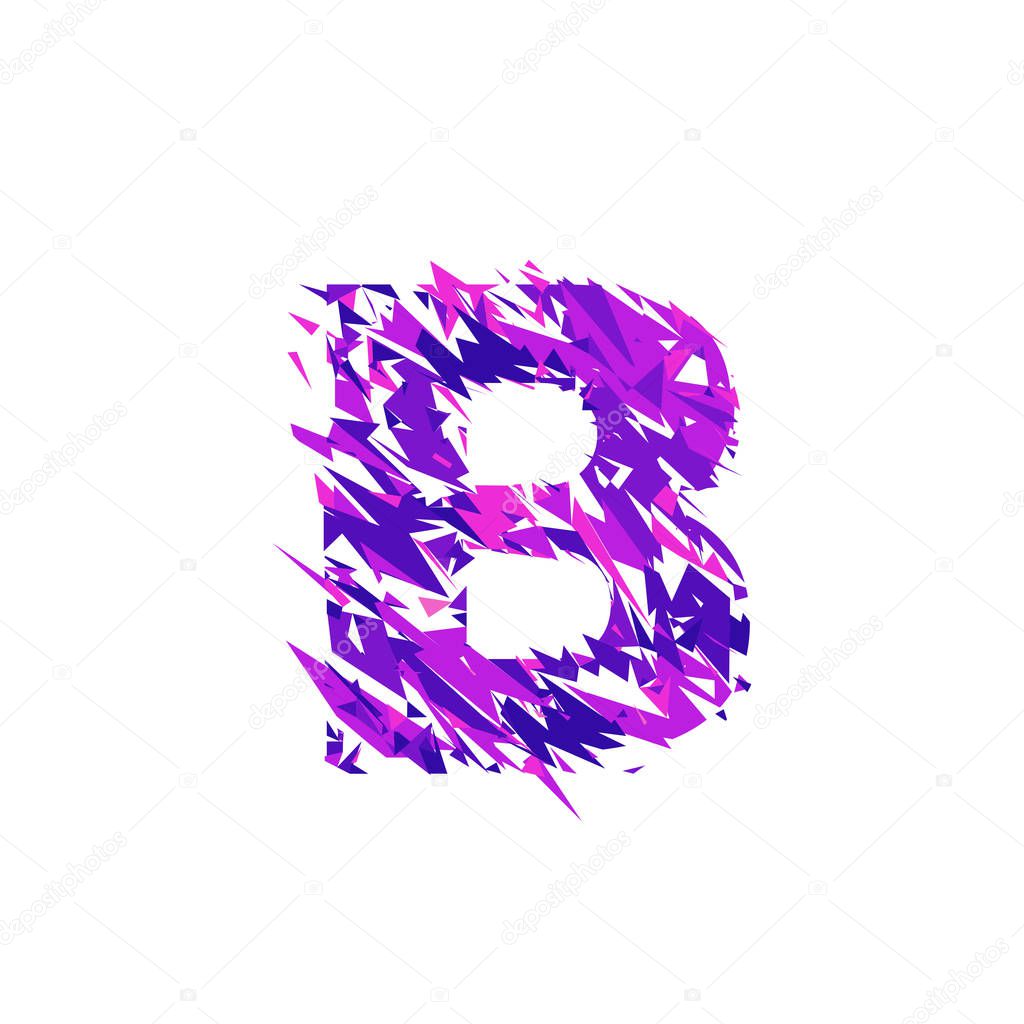 Letter B is made in the ultraviolet color with effect destroyed shape or splinters.