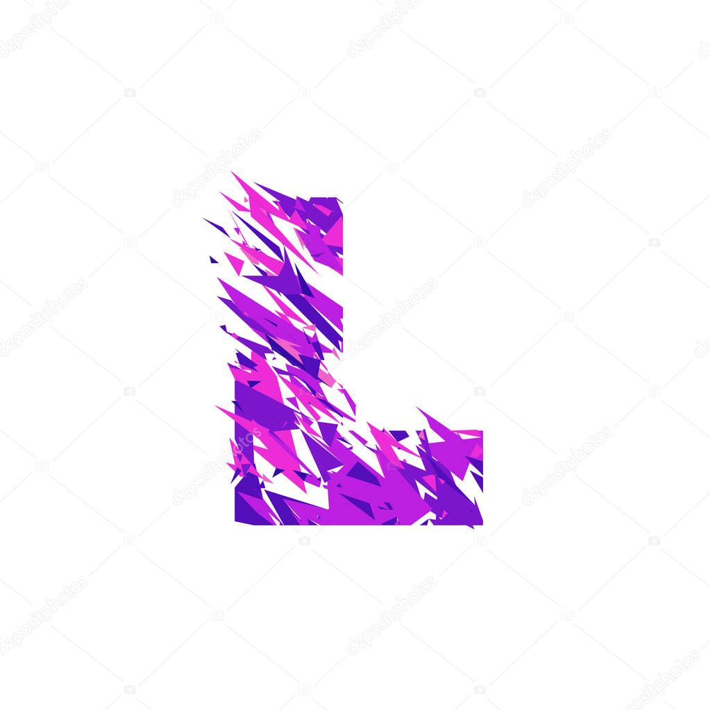 Letter L is made in the ultraviolet color with effect destroyed shape or splinters.