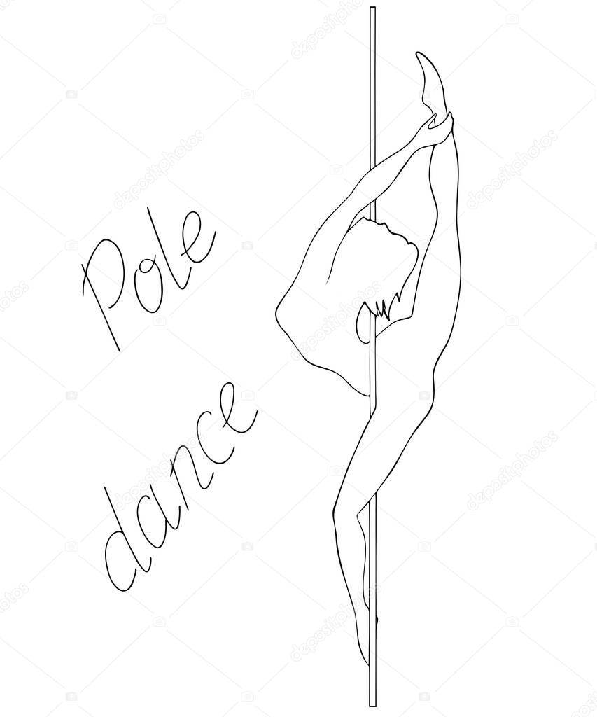 Silhouette of girl and pole on a white background. Pole dance illustration for striptease dancers, exotic. Clipart with texture watercolor space for logotype, badge, icon, logo, banner, tag, clothes