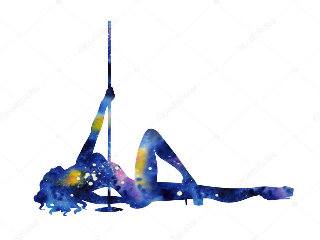 Colorfull silhouette of girl and pole on a white background. Pole dance illustration for striptease dancers, exotic. Clipart with texture watercolor space for design. Sexy women