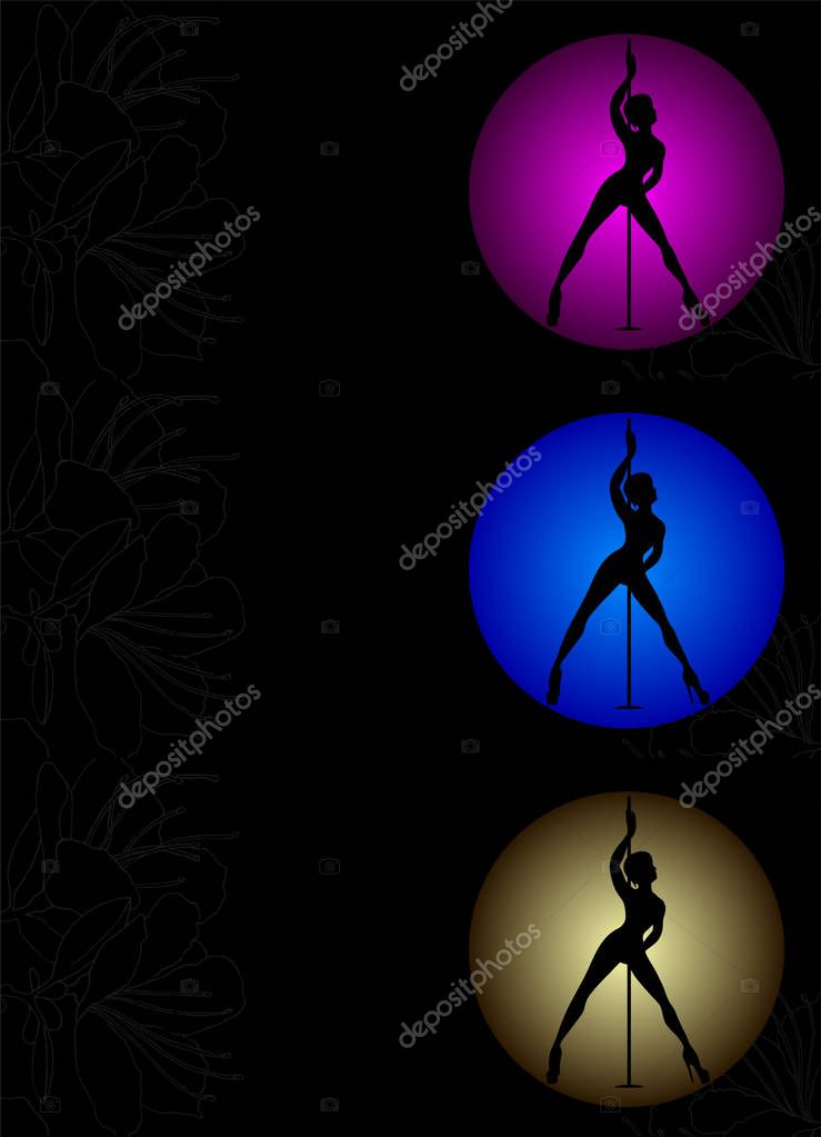 Three Flyers with Vector silhouette of girl and pole on a magenta, blue, yellow circle. Pole dance illustration for design. Vector illustration EPS10 on black background with flowers texture