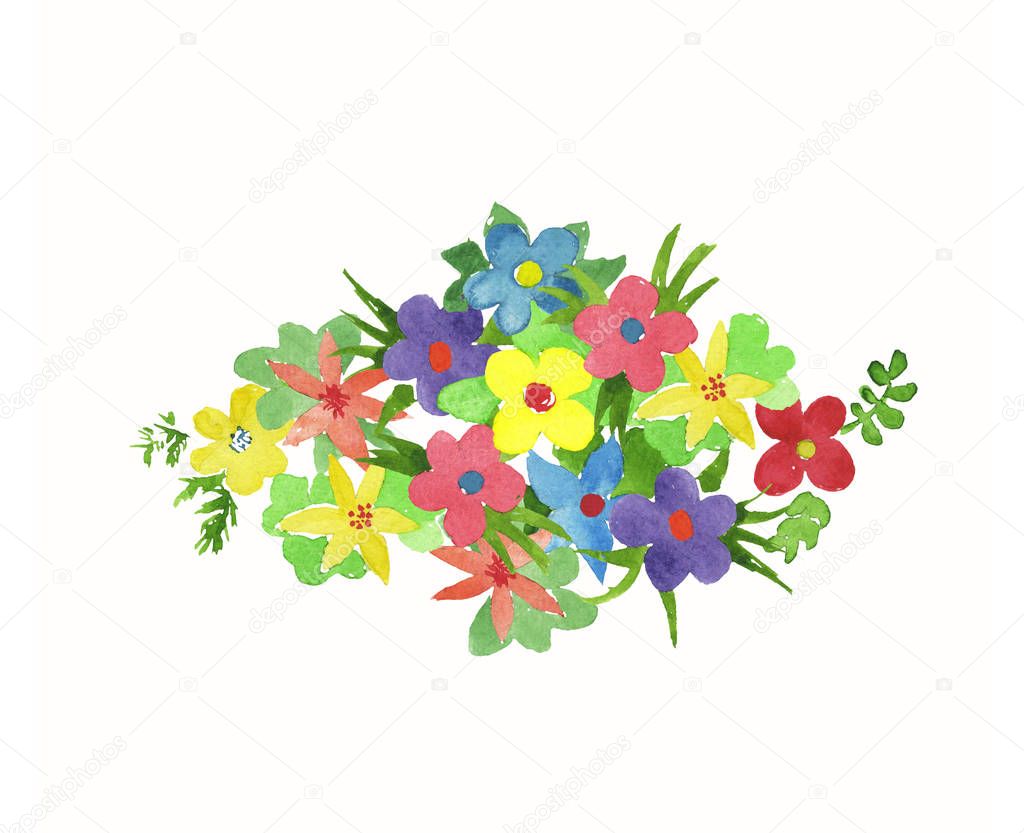 Bouquet of watercolor simlpe flat flowers. primitive flowers for design. bright watercolor illustration. clipart for postcard, label, logo. red, yellow, blue, orange, purple flowers with greenery