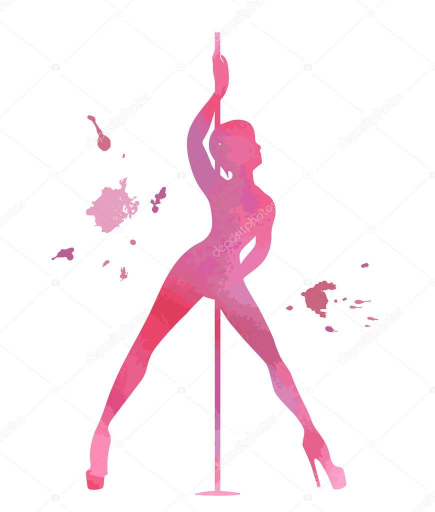 Vector silhouette pole dance with watercolor texture on a white background. Hand scketch exotic dance vector illustration. Pink isolated clipart for logotype, badge, icon, logo, banner, tag, clothes