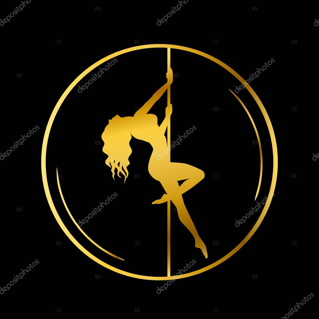 Gold logo for Dance studio, Pole dance, stripper club. Silhouette pole dance on a black background. Pole dance exotic vector illustration. Vector illustration for logotype, icon, banner