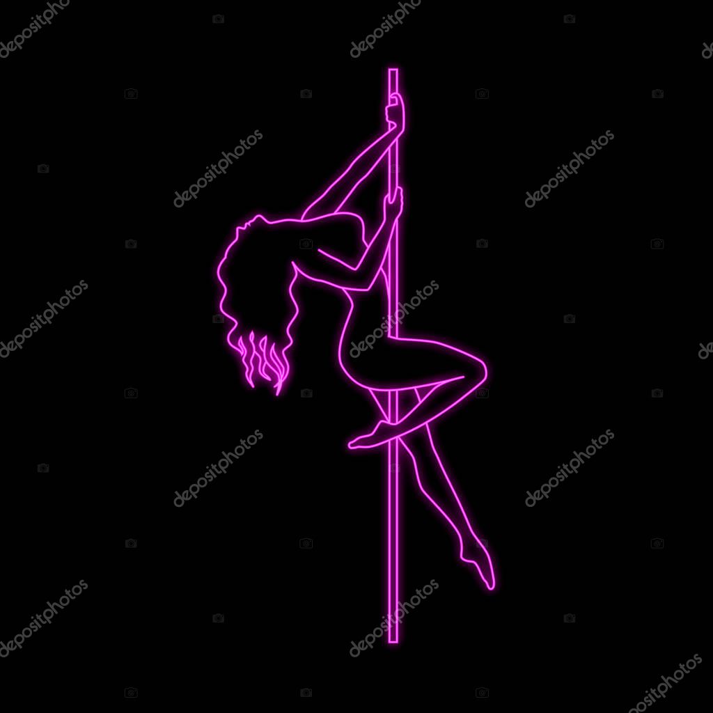 Vector silhouette of girl and pole with neon effect. Pole dance illustration for fitness, striptease dancers, exotic dance. Vector illustration EPS10 for logotype, badge, icon, logo, banner, tag.